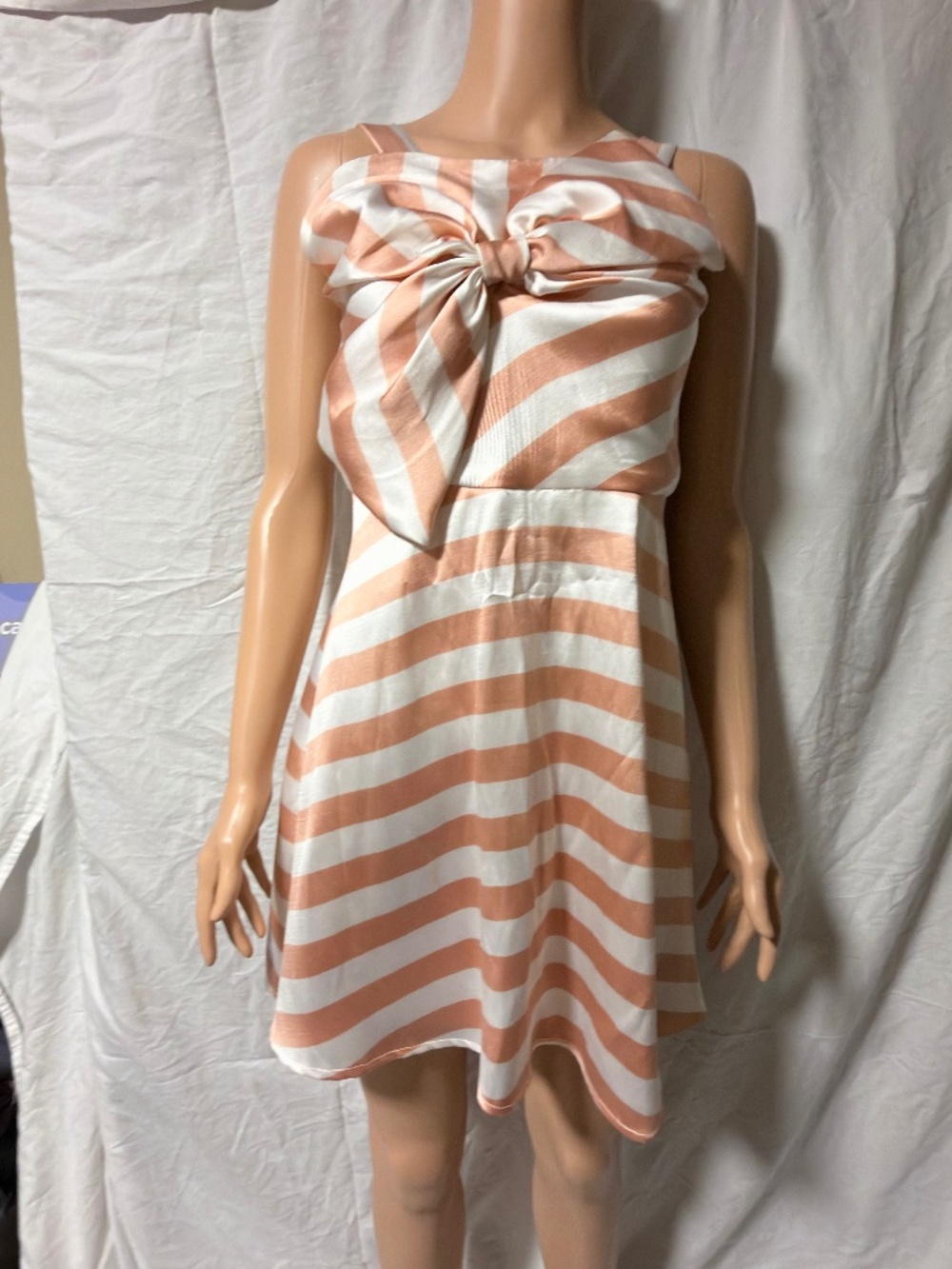 i.n. girl Rose Gold & White Striped Satin Bow Front Mini Party Dress Sz 16 / XS